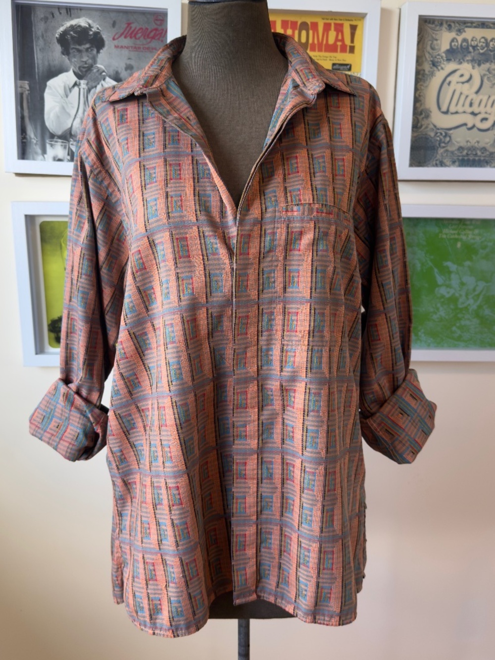 Vintage 90s Geometric Woven Button-Up Shirt | 90s Abstract Pattern Cotton Blend